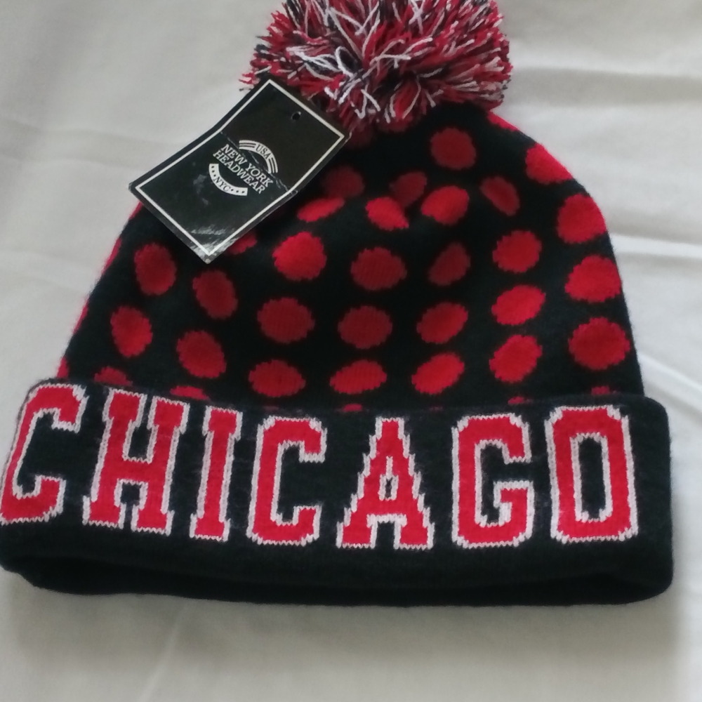 Chicago Beanie Unisex OS Black, White With Red Polka Dot Fall Winter Academia